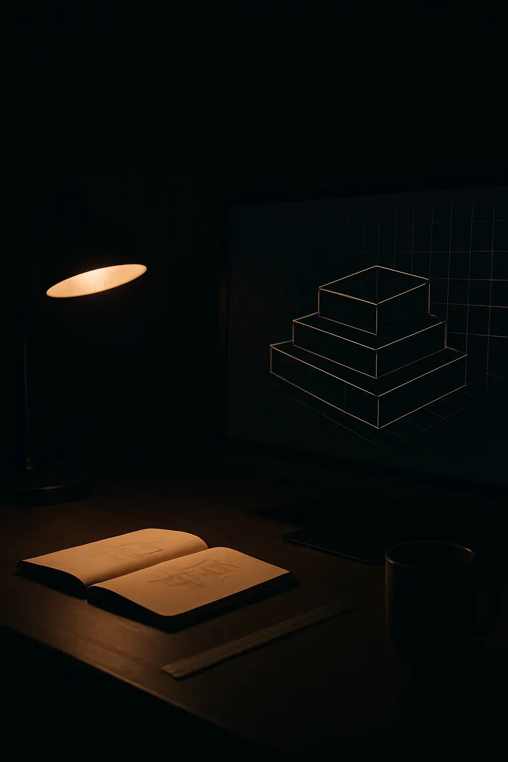 A workspace screen showing a buildstackstudio project in progress, duotone with a warm accent glow.
