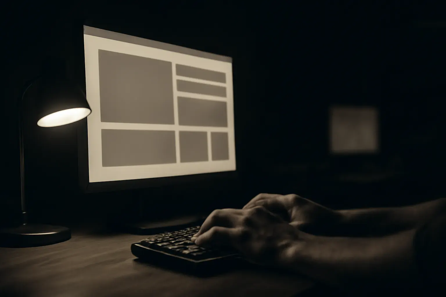 A working session — hands on a keyboard beside a live product screen, duotone.